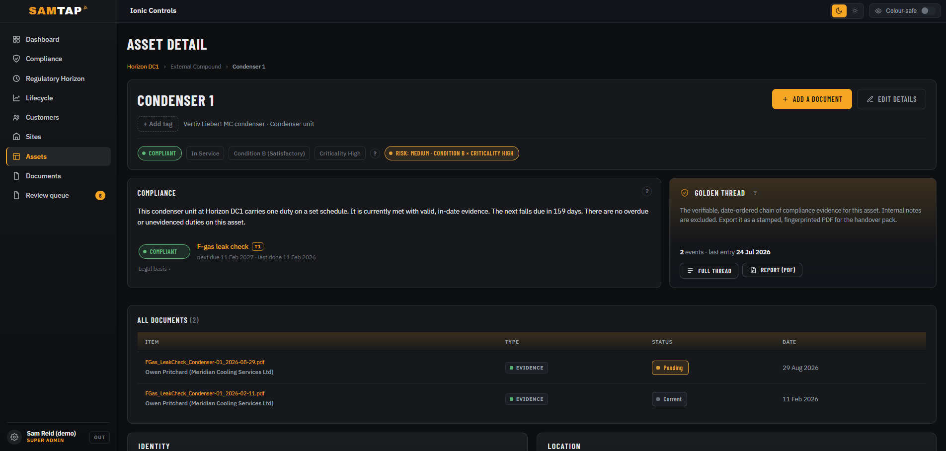 SAMTAP asset detail and Golden Thread view
