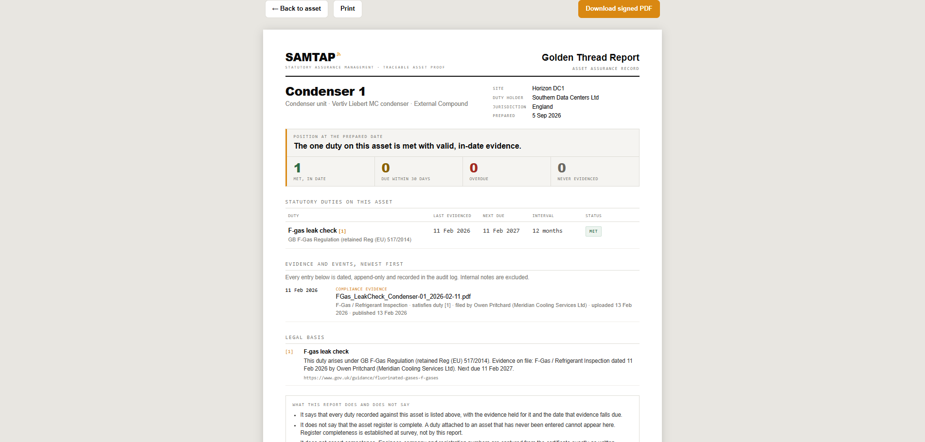 SAMTAP Golden Thread Report showing duties, evidence and legal basis